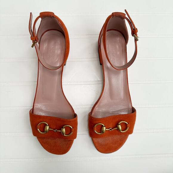 Gucci Horsebit Liliane Flat Suede Sandals Orange Gold Ankle Cuff Strap 37 - Picture 1 of 11